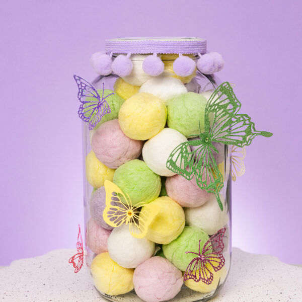 Cukraus vatos burbuliukų stiklainis „Drugeliai“